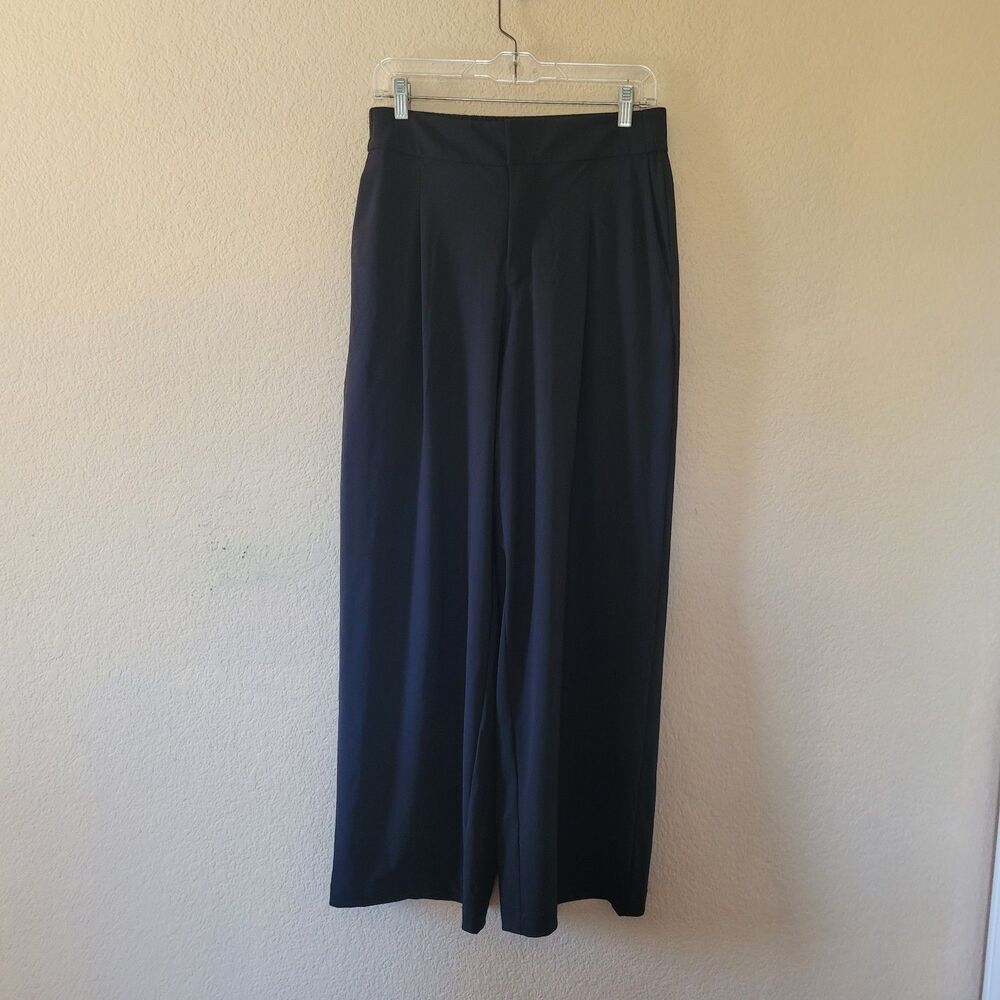 Athleta Black Pinnacle High Rise Wide Leg Trousers 6 Elastic Waist Pleated Zip